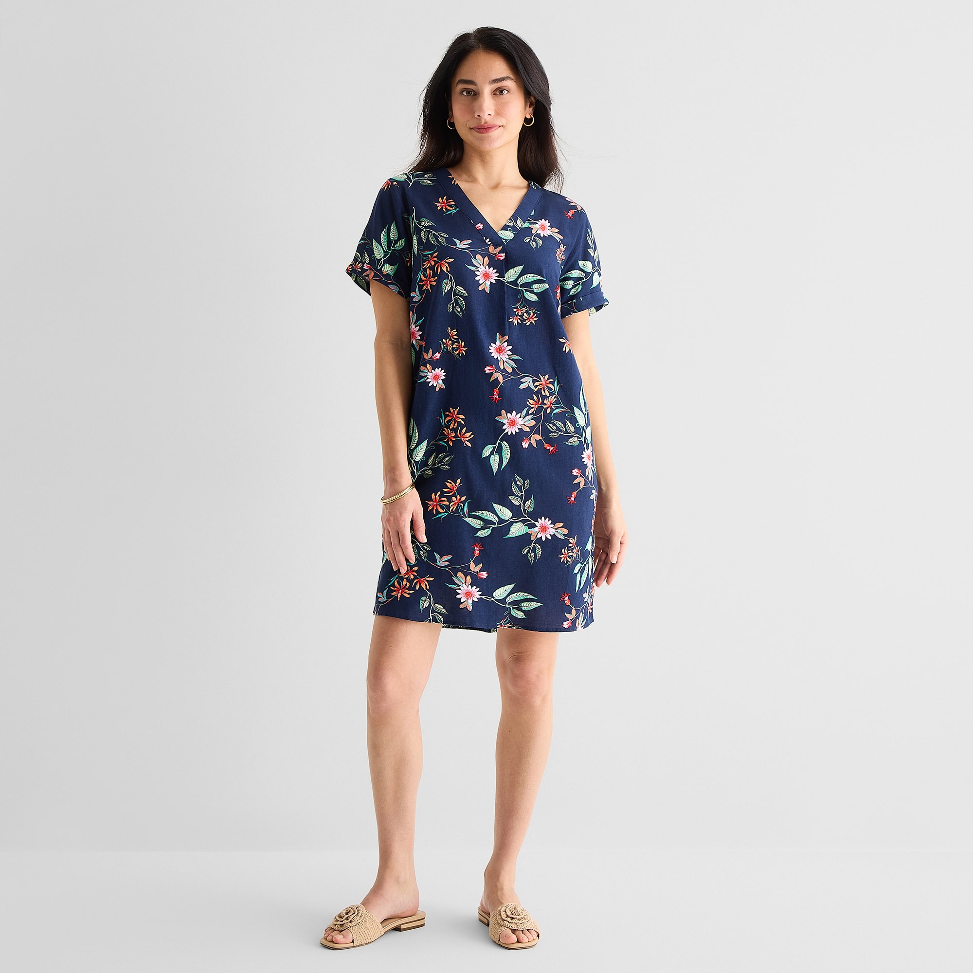 St. John's Bay Womens V Neck Short Sleeve Plaid Shift Dress