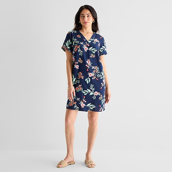 St. John's Bay Womens V Neck Short Sleeve Plaid Shift Dress