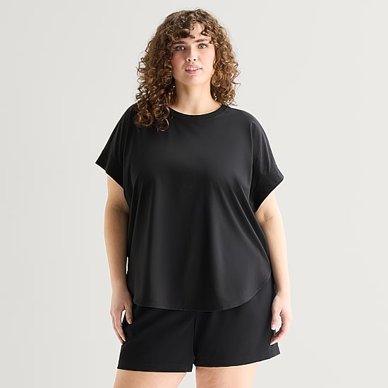 Stylus Woven Dolman Tee Womens Plus Crew Neck Short Sleeve T-Shirt