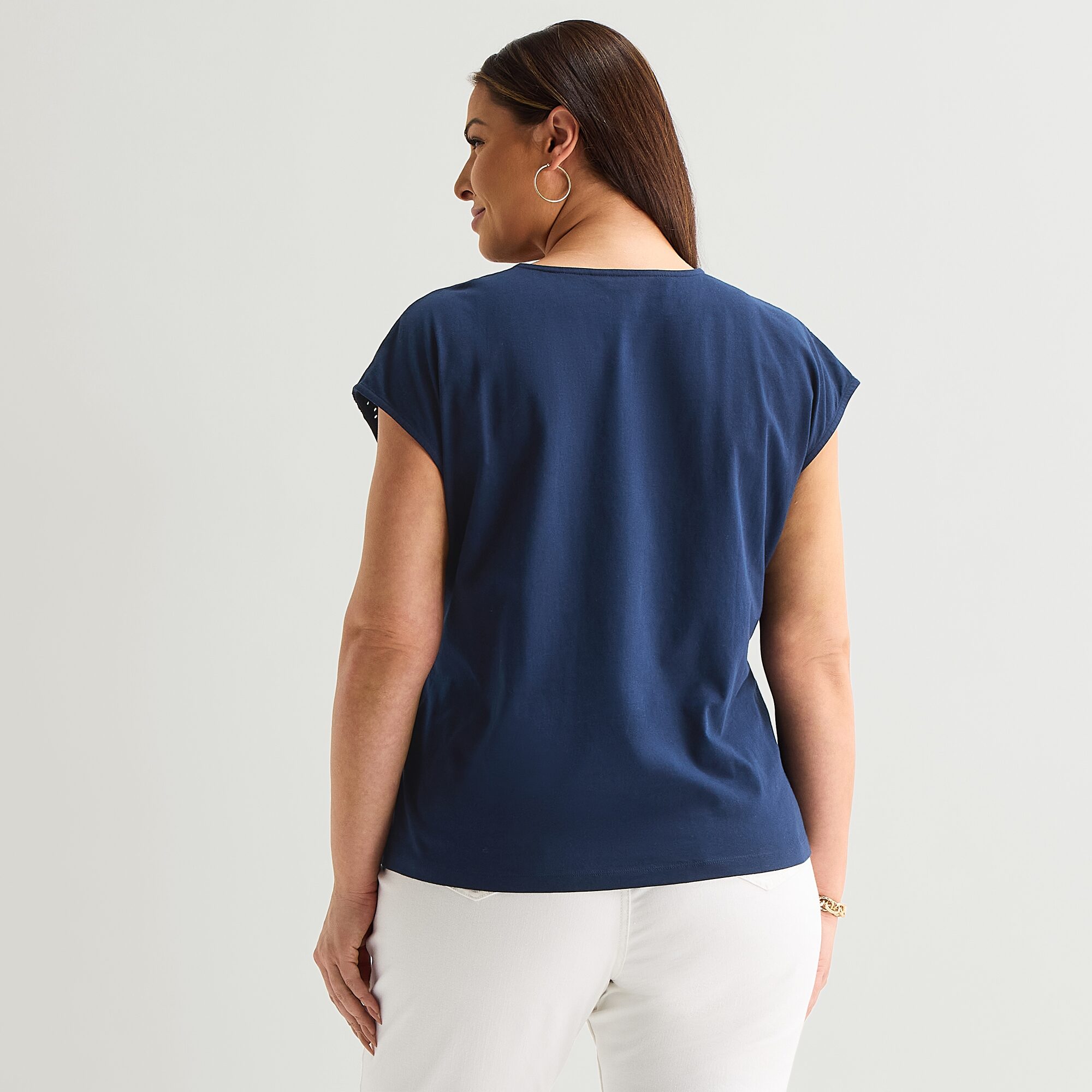 Liz Claiborne Womens Plus Crew Neck Short Sleeve Embellished Blouse