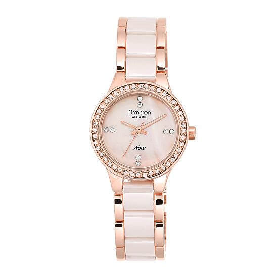 Armitron® Now® Womens Crystal-Accent Pink Ceramic/Rose-Tone Bracelet Watch