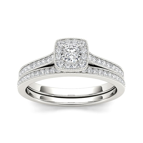 1/2 CT.T.W. Natural Diamond 10K White Gold Halo Bridal Ring Set
