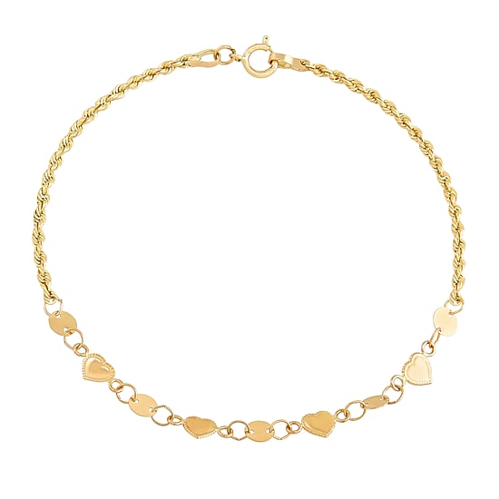 Womens 14K Gold Hollow Heart 7 Inch Link Bracelet