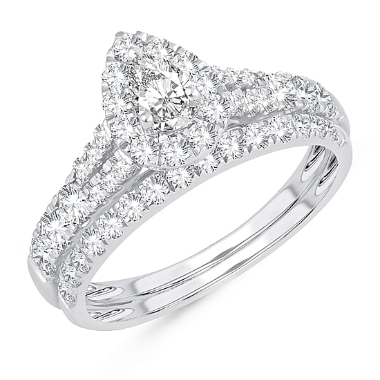 Womens 1 CT. T.W. Natural White Diamond 10K Gold Pear Side Stone Halo Bridal Set