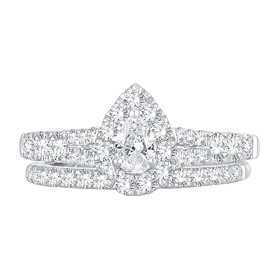 Womens 1 CT. T.W. Natural White Diamond 10K Gold Pear Side Stone Halo Bridal Set