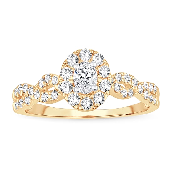 Womens 1/2 CT. T.W. Natural White Diamond 10K Gold Oval Side Stone Halo Engagement Ring