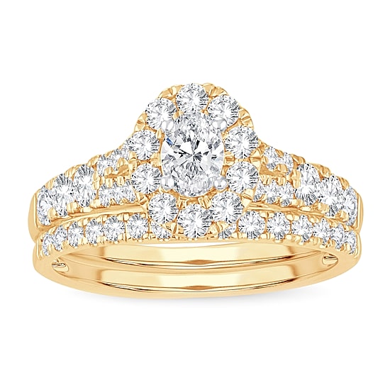 Womens 1 CT. T.W. Natural White Diamond 10K Gold Oval Side Stone Halo Bridal Set
