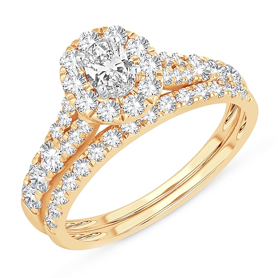 Womens 1 CT. T.W. Natural White Diamond 10K Gold Oval Side Stone Halo Bridal Set