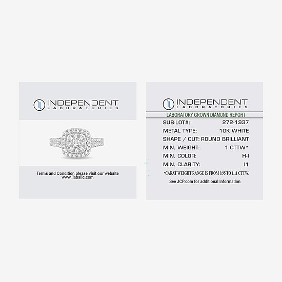 (H-I / I1) Womens 1 CT. T.W. Lab Grown White Diamond 10K or 14K Gold Cushion Side Stone Halo Engagement Ring