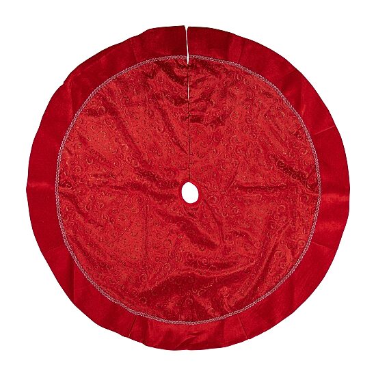 48'' Red Glittered Swirl Sheer Organza Christmas Tree Skirt with Velvet Trim