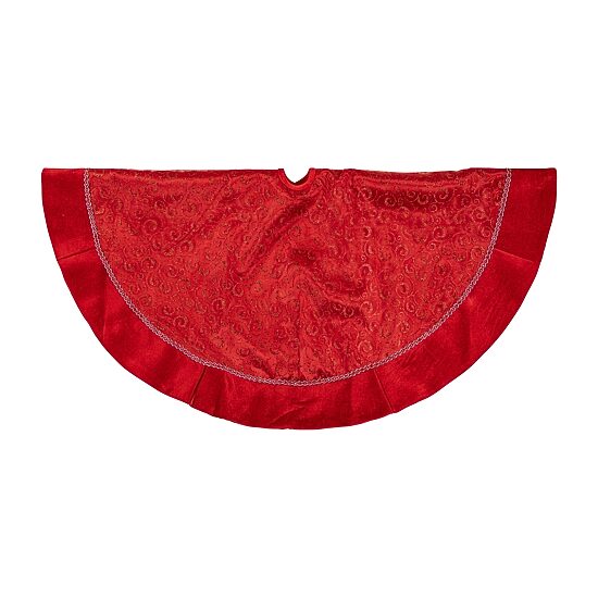 48'' Red Glittered Swirl Sheer Organza Christmas Tree Skirt with Velvet Trim