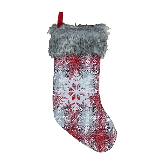 Northlight 18-Inch Red And White Plaid Faux Fur  With Snowflake Christmas Stocking