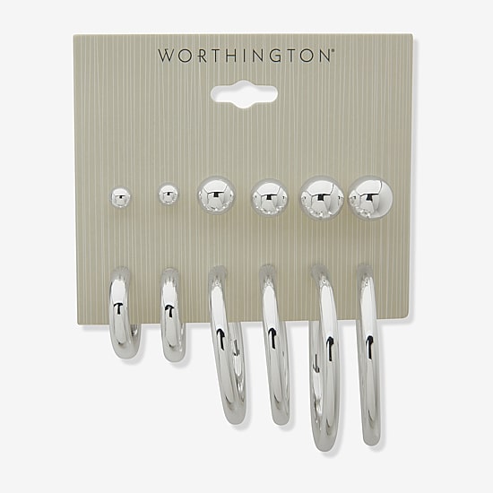 Worthington Silver Tone Womens 6 Pair Earring Set