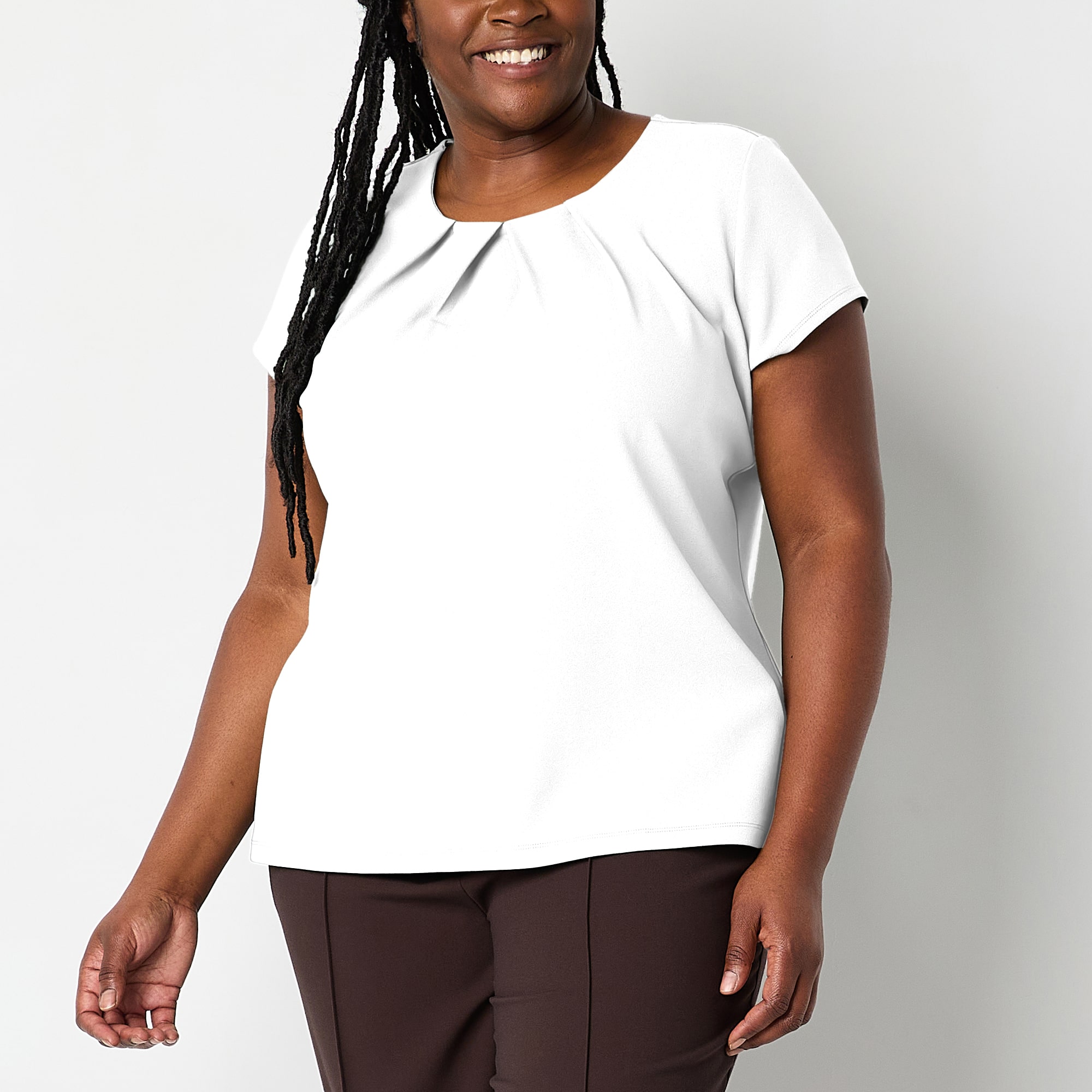 Liz Claiborne Texture Womens Plus Round Neck Short Sleeve Blouse