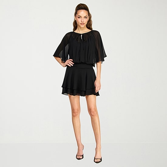 belle vie Womens Split Tie Neck Short Sleeve Blouson Dress