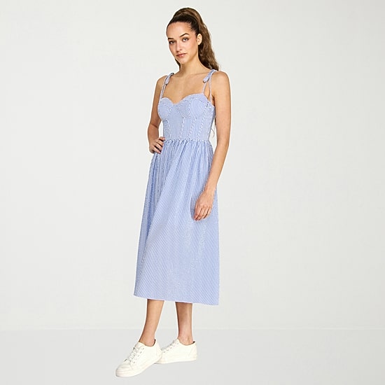 belle vie Womens Sleeveless Striped Midi Corset Dress
