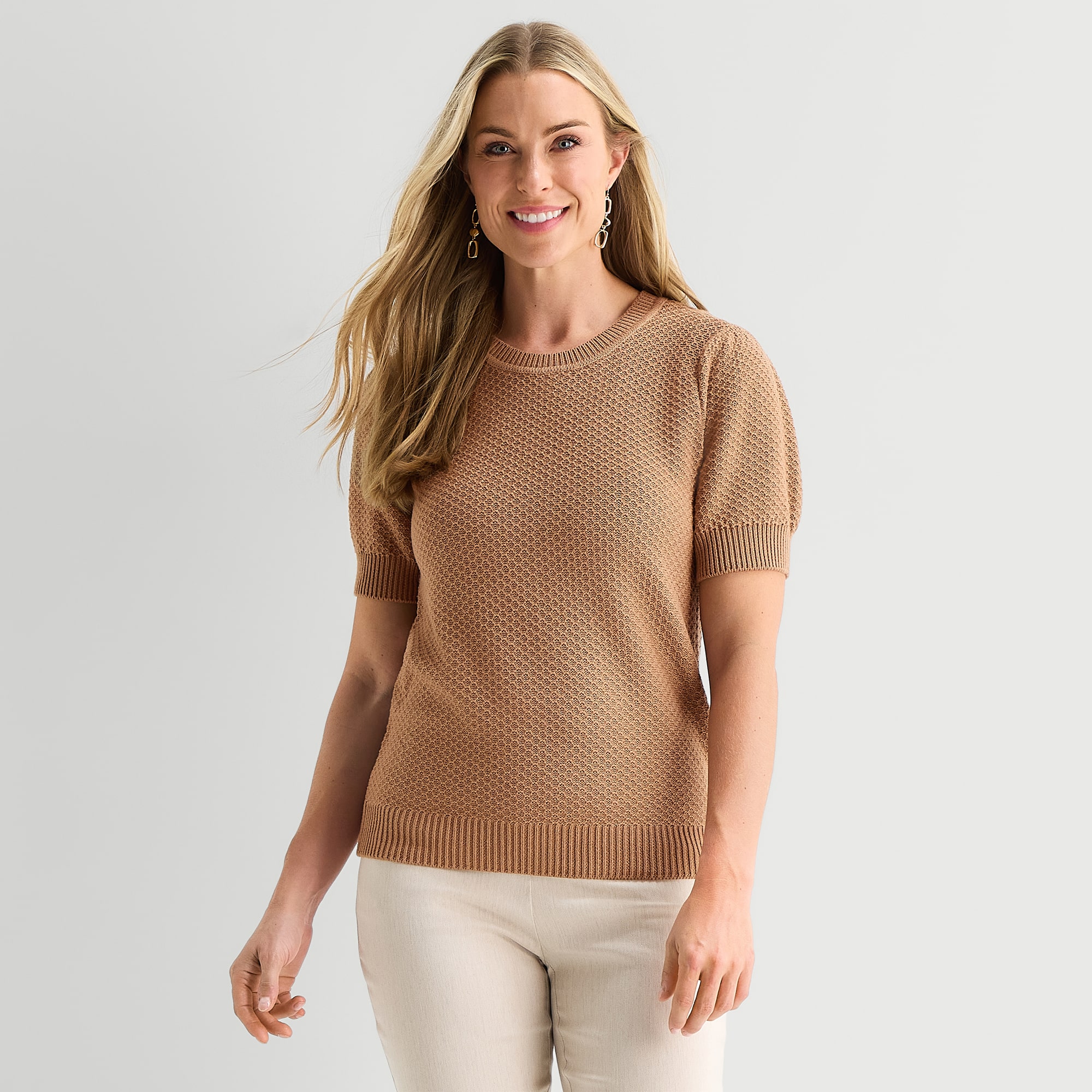 Liz Claiborne Womens Crew Neck Short Sleeve Pullover Sweater