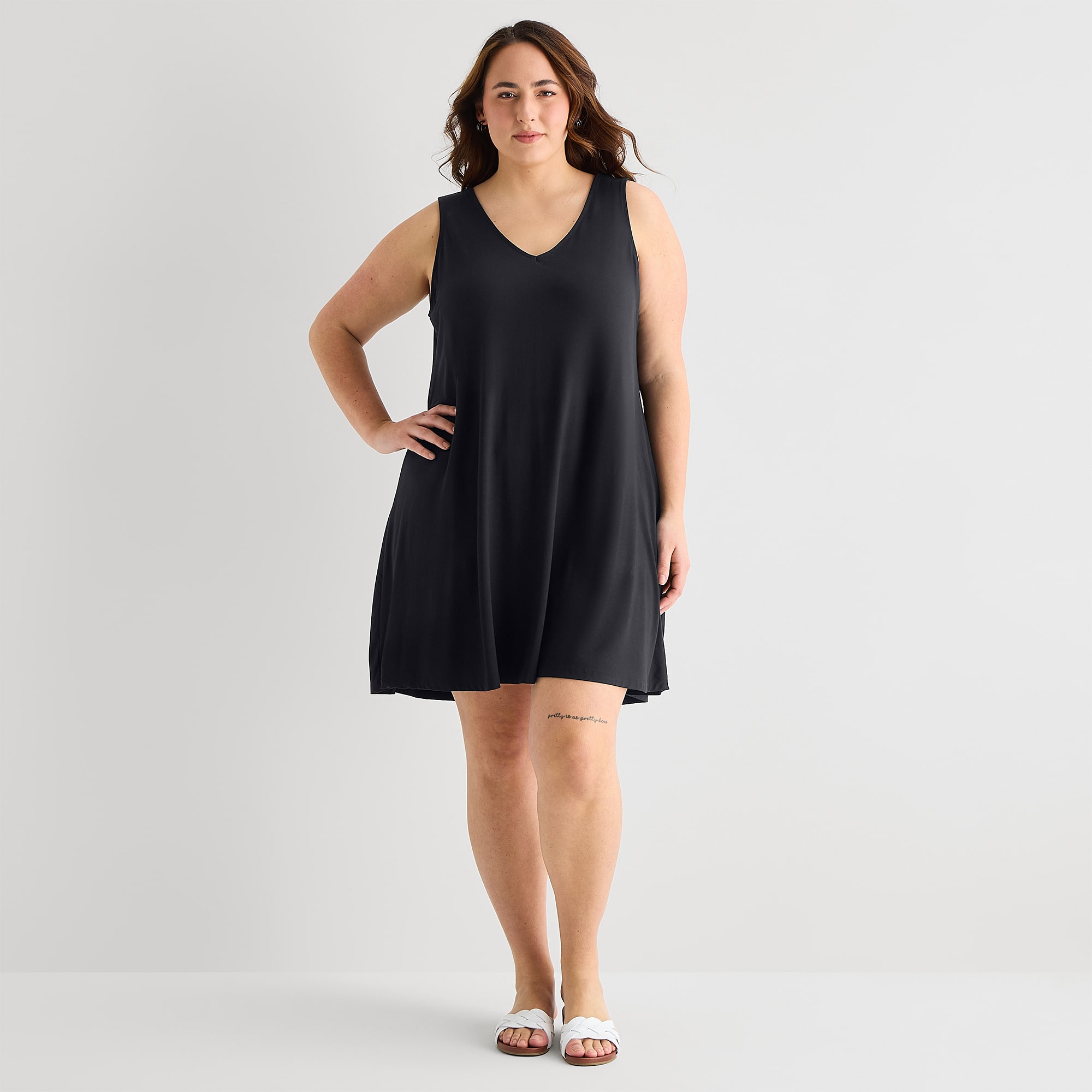 St. John's Bay Womens Plus V Neck Sleeveless Floral A-Line Dress