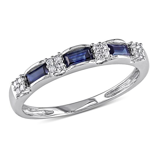 Womens 2MM Diamond Accent Genuine Blue Sapphire 10K Gold Band