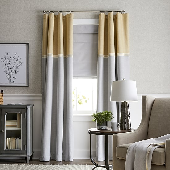 Fieldcrest Devin Flippable Stripe Cotton Chambray Rod Pocket Energy Saving 100% Blackout Single Curtain Panel