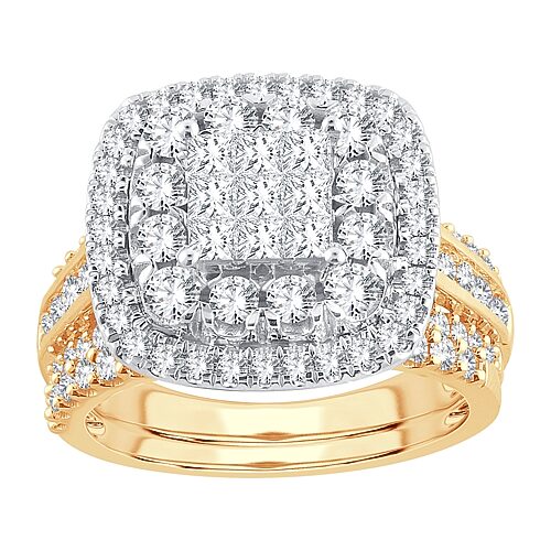 Womens 2 CT.T.W. Natural Diamond 10K or 14K White Gold Cushion Halo Bridal Set, 9, Yellow
