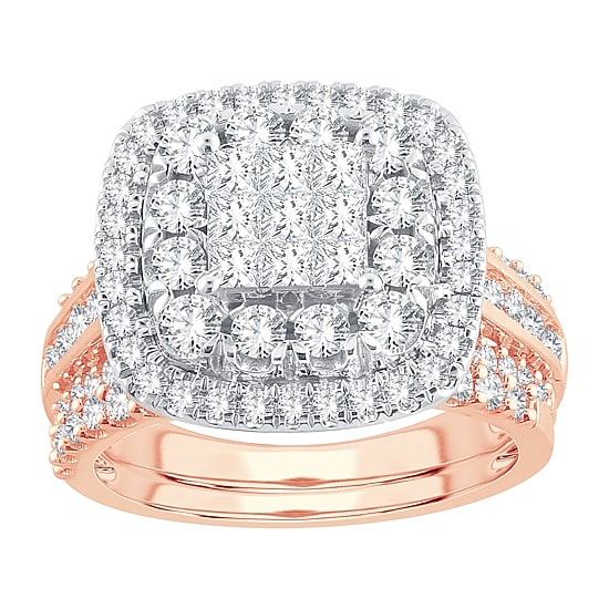 Womens 2 CT. T.W. Natural White Diamond 10K Gold Cushion Halo Bridal Set