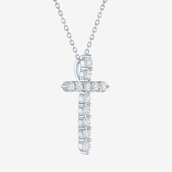 Cross (G-H / Si2-I1) Womens 1 CT. T.W. Lab Grown White Diamond Pure Silver Over Brass Cross 18 Inch Pendant Necklace