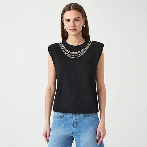 RM Rebecca Minkoff Womens Crew Neck Short Sleeve Tank Top, Medium, Black