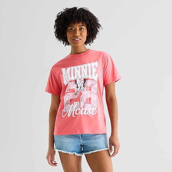 Minnie Varsity Boyfriend Tee Womens Juniors Crew Neck Short Sleeve Loose Fit Minnie Mouse Graphic T-Shirt