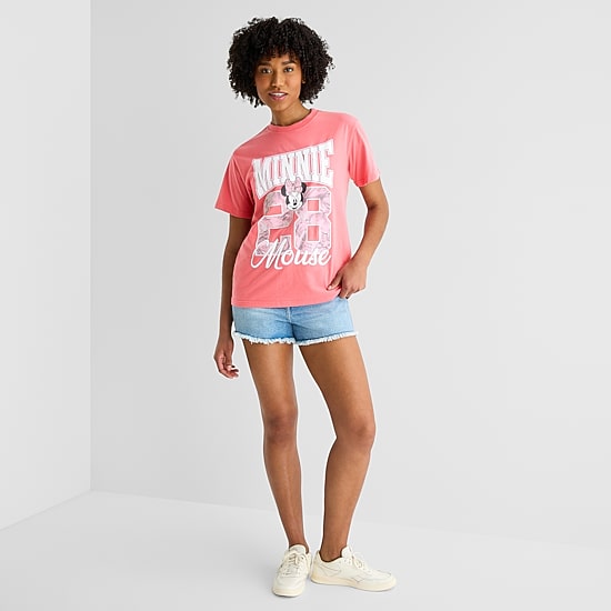 Minnie Varsity Boyfriend Tee Womens Juniors Crew Neck Short Sleeve Loose Fit Minnie Mouse Graphic T-Shirt