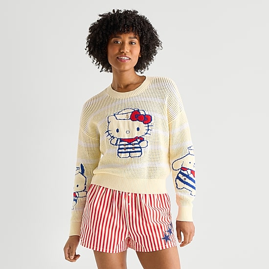 Americana Juniors Womens Crew Neck Long Sleeve Hello Kitty Pullover Sweater