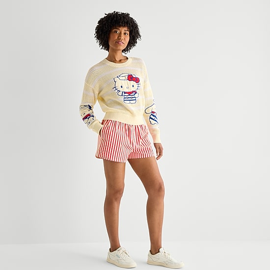 Americana Juniors Womens Crew Neck Long Sleeve Hello Kitty Pullover Sweater