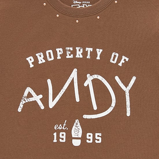 Andy Studded Baby Tee Womens Juniors Crew Neck Short Sleeve Regular Fit Toy Story Graphic T-Shirt