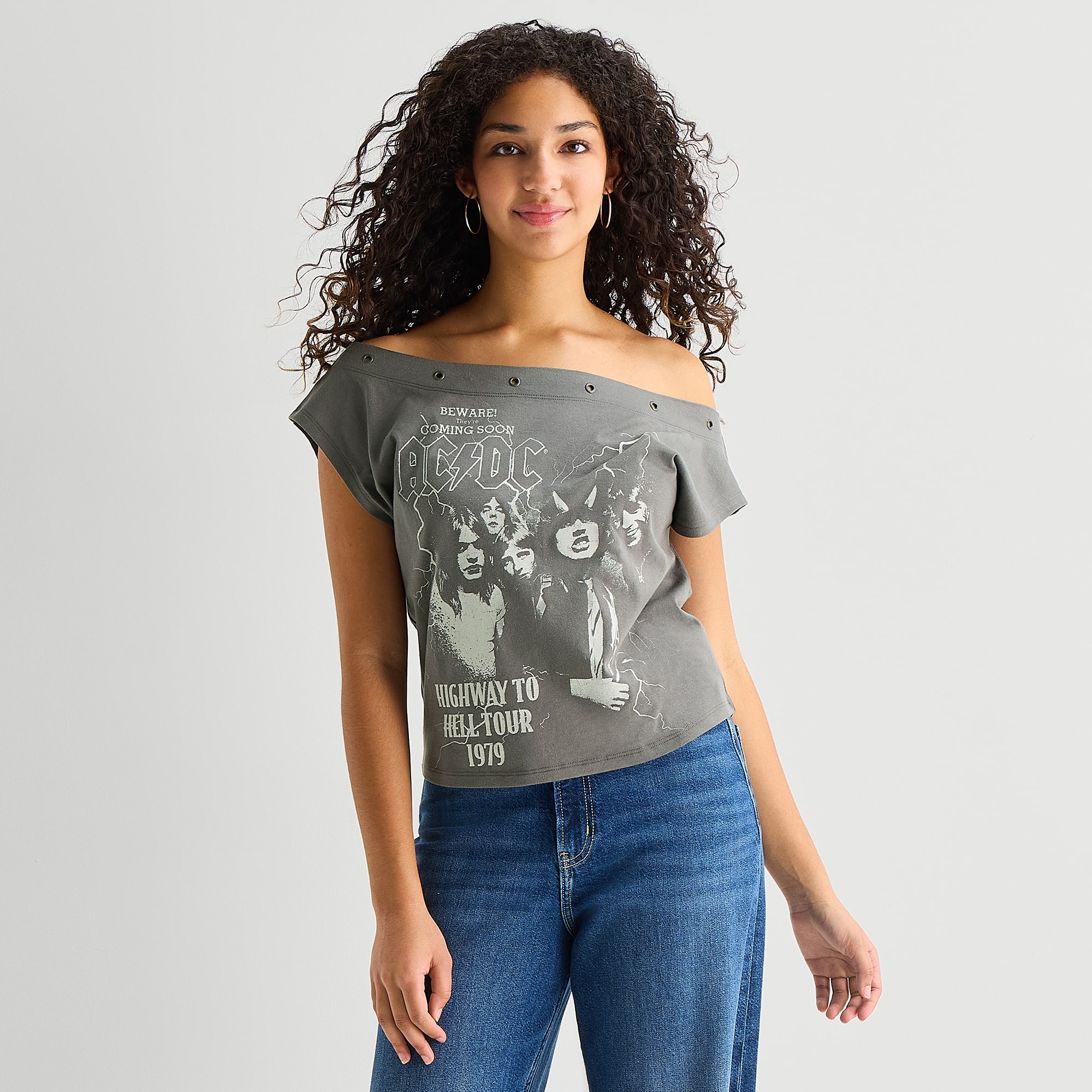 Acdc Off The Shoulder Tee Womens Juniors Crew Neck Short Sleeve Regular Fit AC/DC Graphic T-Shirt