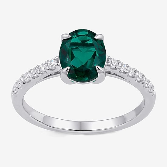 (I/I2) Womens 1/4 CT. T.W. Lab Created Green Emerald Sterling Silver Oval Side Stone Cocktail Ring