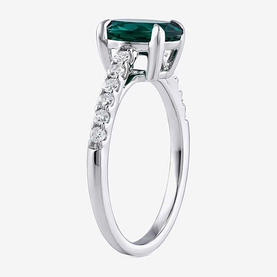 (I/I2) Womens 1/4 CT. T.W. Lab Created Green Emerald Sterling Silver Oval Side Stone Cocktail Ring