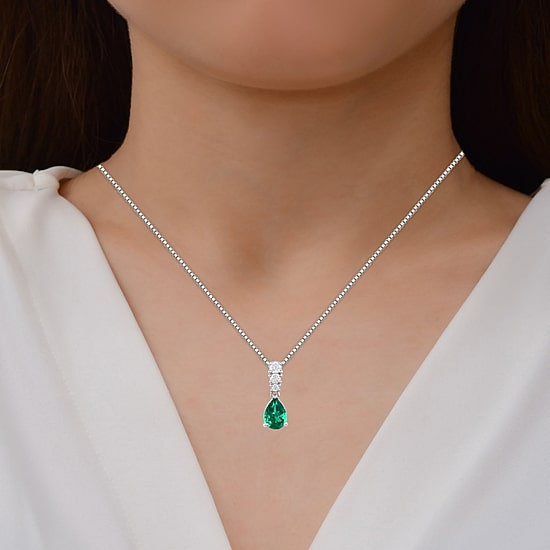 (I/I2) Womens 1/10 CT. T.W. Lab Created Green Emerald Sterling Silver Pear 18 Inch Pendant Necklace