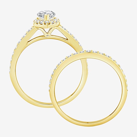 (F / 3PC His and Hers Trio Wedding Set Featuring 1 1/2 CT. T.W. Lab Grown White Diamond 10K Gold Marquise Side Stone Halo Bridal Set