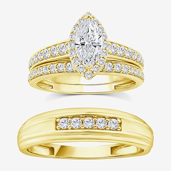(F / 3PC His and Hers Trio Wedding Set Featuring 1 1/2 CT. T.W. Lab Grown White Diamond 10K Gold Marquise Side Stone Halo Bridal Set