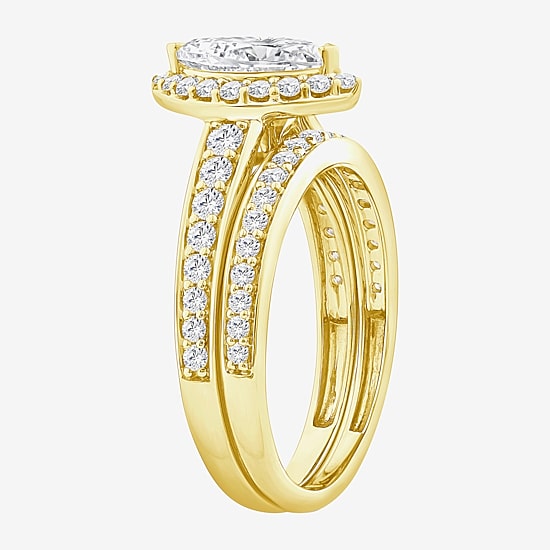 (F / 3PC His and Hers Trio Wedding Set Featuring 1 1/2 CT. T.W. Lab Grown White Diamond 10K Gold Marquise Side Stone Halo Bridal Set