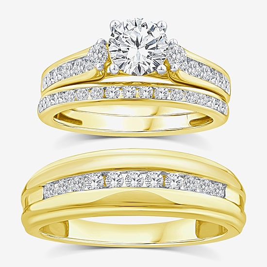 (F / Vs2) Unisex Adult 2 CT. T.W. Lab Grown White Diamond 10K Gold Round Side Stone Wedding Bridal Set
