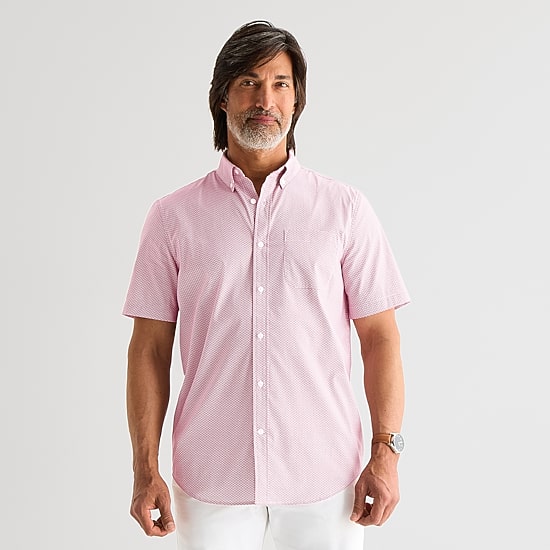St. John's Bay Performance Poplin Mens Short Sleeve Classic Fit Stretch Fabric Button-Down Shirt