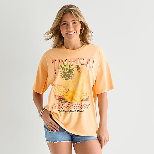 Arizona Womens Juniors Round Neck Short Sleeve Oversized Graphic T-Shirt, Small, Orange