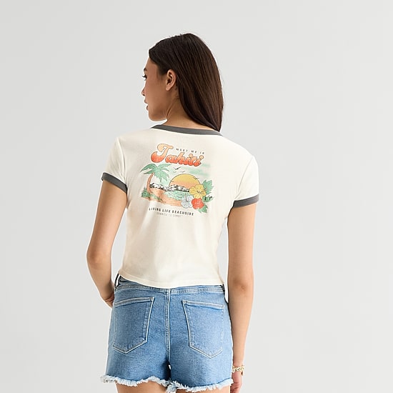 Arizona Womens Juniors Round Neck Short Sleeve Regular Fit Graphic T-Shirt