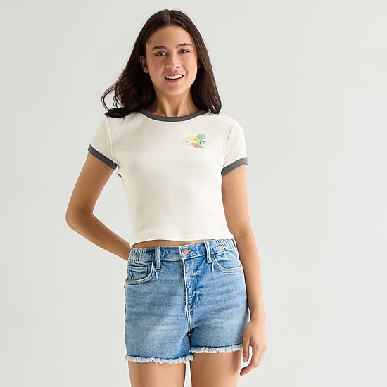 Arizona Womens Juniors Round Neck Short Sleeve Regular Fit Graphic T-Shirt