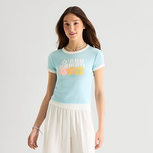 Arizona Womens Juniors Round Neck Short Sleeve Regular Fit Graphic T-Shirt, X-large, Blue