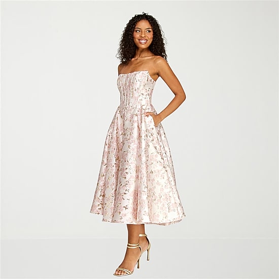 strapless watercolor print fit & flare dress Strapless Ruffle Print Gown With High Slit 46381