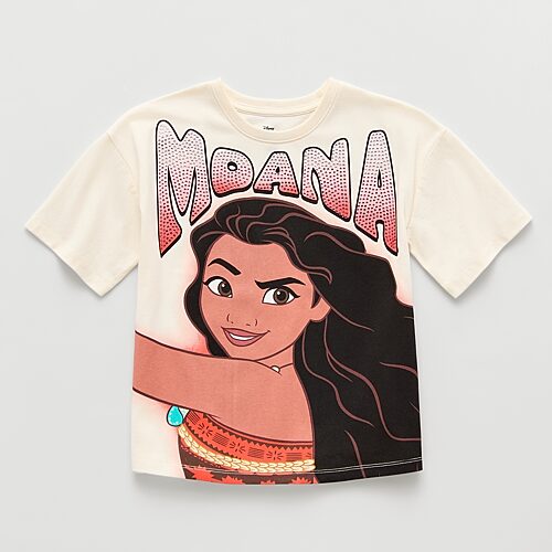 Disney Collection Little & Big Kid Girls Round Neck Short Sleeve Regular Fit Princess Moana Graphic T-Shirt, 9/10, White