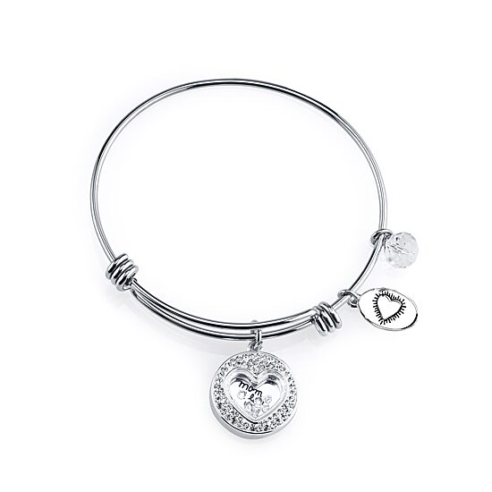 Footnotes Mom Womens Crystal Stainless Steel Heart Bangle Bracelet