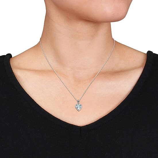 Womens Genuine Blue Aquamarine Sterling Silver Heart 18 Inch Pendant Necklace